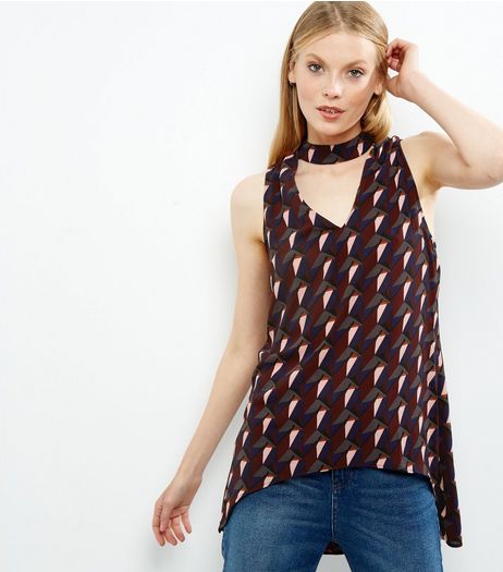 AX Paris Burgundy Abstract Print Choker Neck Top | New Look