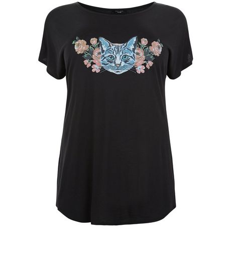 Black Floral Cat Print T-Shirt | New Look
