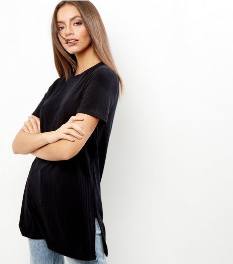 Black Ribbed Longline T-Shirt | New Look