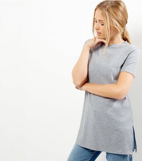 Grey Ribbed Longline T-Shirt | New Look