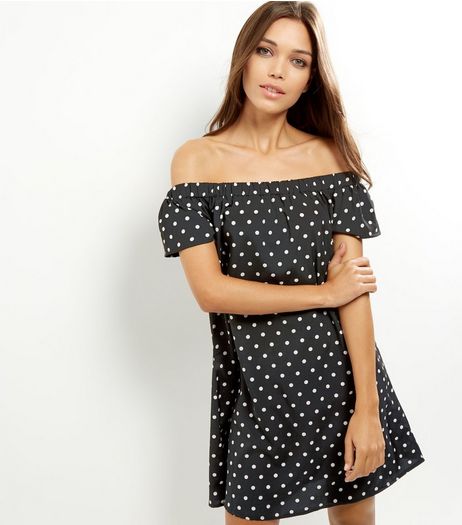 Black Polka Dot Bardot Dress | New Look