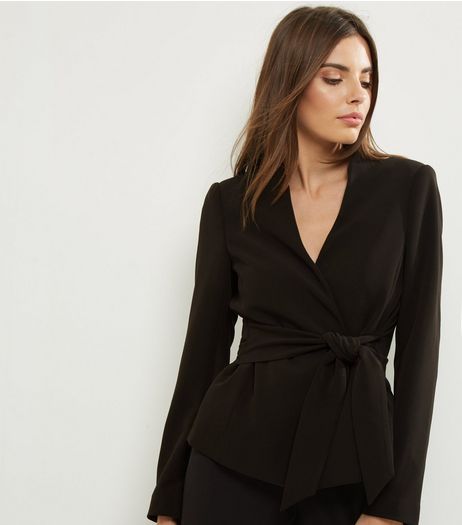 Black Tie Front Cropped Jacket | New Look