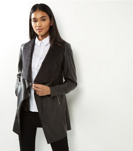 Black Leather-Look Longline Waterfall Jacket | New Look
