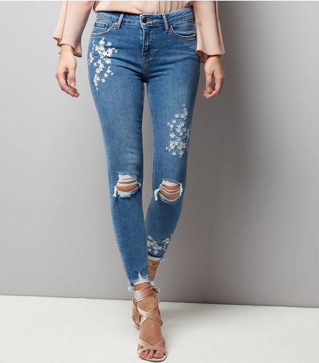 Blue Floral Embroidered Skinny Jenna Jeans | New Look