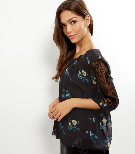 Black Floral Print Chiffon Top | New Look