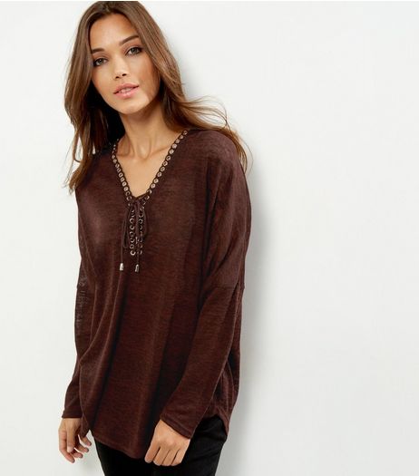 Burgundy Lace Up Long Sleeve Top | New Look