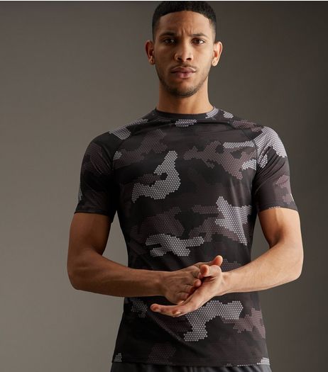 Black Camo Print Sports T-Shirt | New Look