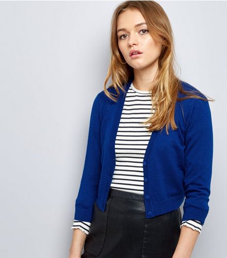 Blue 3/4 Sleeve Cropped Cardigan | New Look