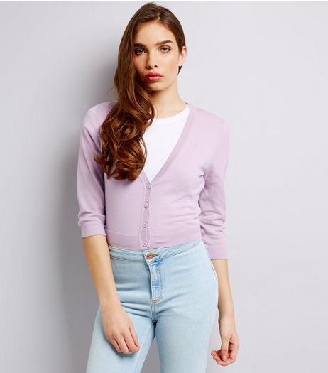Mid Lilac 3/4 Sleeve Cropped Cardigan | New Look