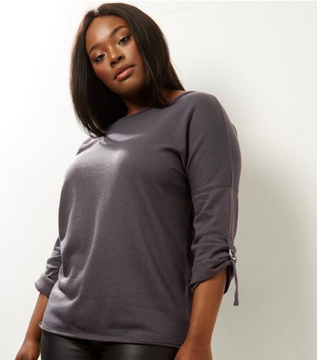Curves Grey D Ring Tie Sleeve Sweater | New Look