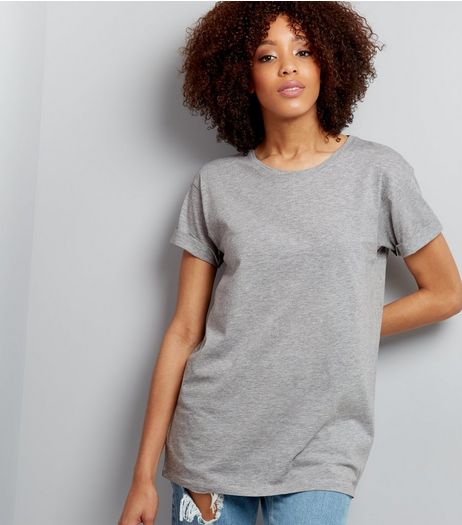 Mid Grey Roll Sleeve Boyfriend T-Shirt | New Look