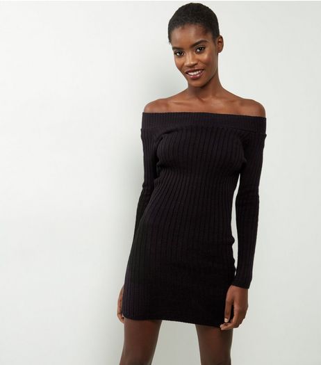 Mela Black Bardot Neck Knitted Long Sleeve Dress | New Look