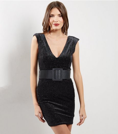 Black V Neck Glitter Velvet Bodycon Dress | New Look