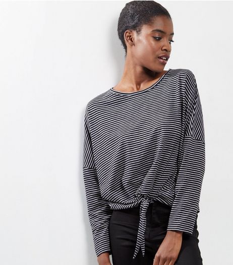 Blue Stripe Tie Front Long Sleeve Top | New Look
