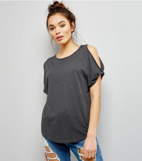 Dark Grey Twist Sleeve Cold Shoulder T-Shirt | New Look