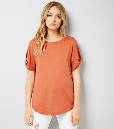 Orange Twist Sleeve Cold Shoulder T-Shirt | New Look