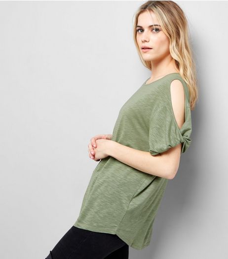 Olive Green Twist Sleeve Cold Shoulder T-Shirt | New Look