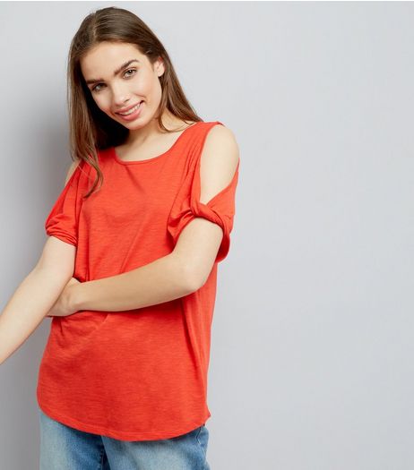 Orange Twist Sleeve Cold Shoulder T-Shirt | New Look