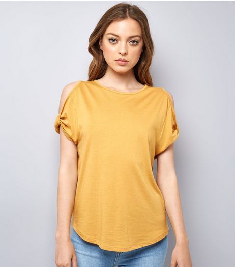 Yellow Twist Sleeve Cold Shoulder T-Shirt | New Look