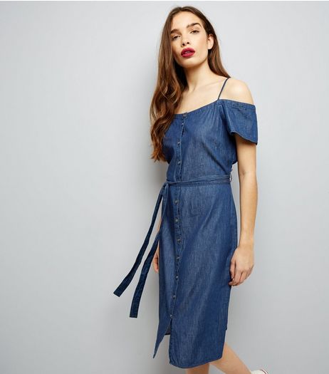 Navy Button Trim Cold Shoulder Midi Dress | New Look