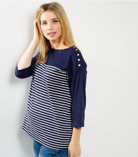 Maternity Blue Stripe Button Shoulder 3/4 Sleeve Top | New Look