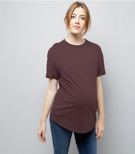 Maternity Burgundy Rolled Sleeve Oversized T-shirt | New Look