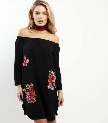 Cameo Rose Black Embroidered Bardot Neck Dress | New Look