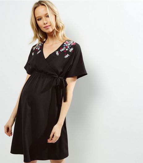 Maternity Black Floral Embroidered Wrap Front Dress | New Look