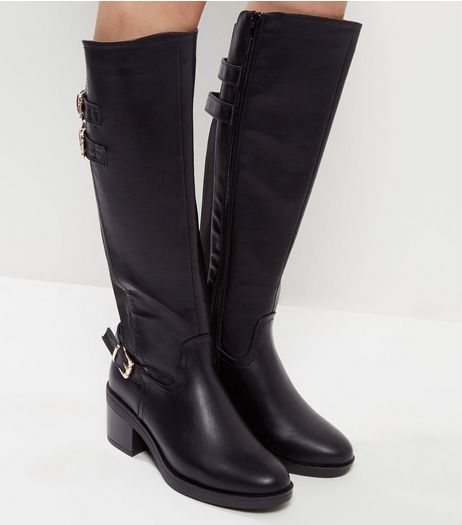 Wide Fit Black Double Buckle Strap Riding Boots | New Look