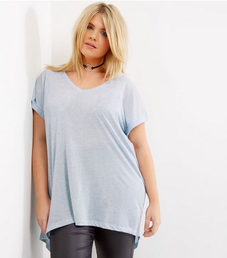 Curves Pale Blue Split Back T-Shirt | New Look