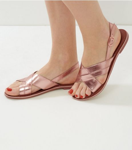 Rose Gold Leather Cross Strap Sling Back Sandals | New Look