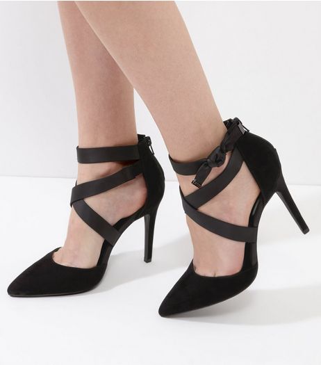Black Suedette Cross Front Tie Side Heels | New Look