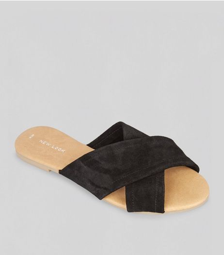 Black Suede Cross Strap Mules | New Look