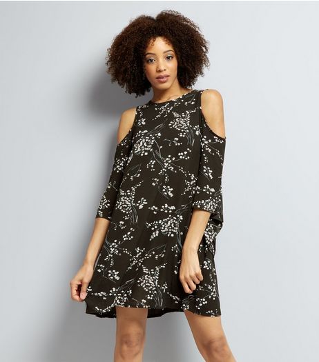 Black Blossom Print Cold Shoulder Tunic | New Look