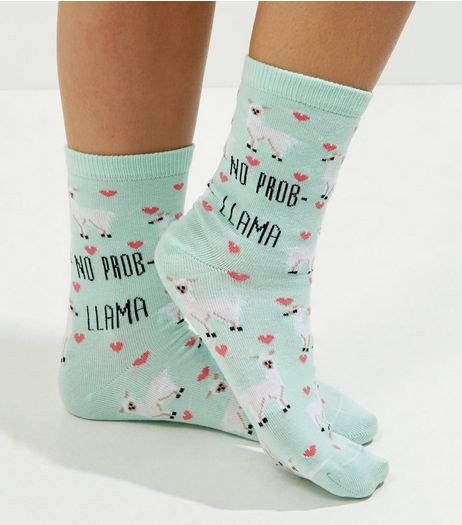 Mint Green No Prob Llama Socks | New Look