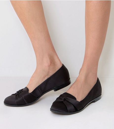 Black Satin Knot Front Loafers | New Look