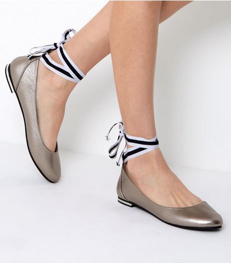 Pewter Metallic Ankle Tie Ballet Pumps | New Look