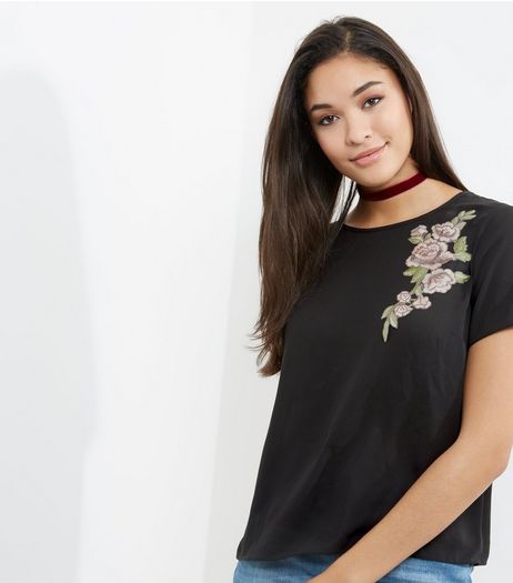 Black Floral Embroided T-Shirt | New Look