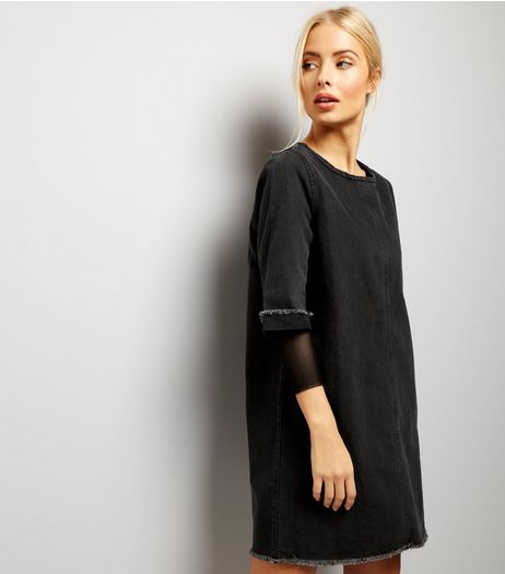 Black Denim Raw Hem Tunic Dress | New Look