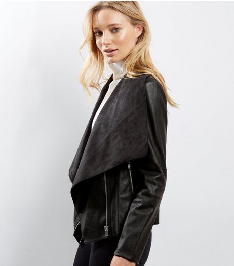 Black Leather Look Zip Detail Waterfall Jacket | New Look