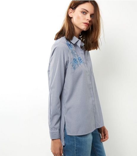 Blue Floral Embroidered Stripe Shirt | New Look