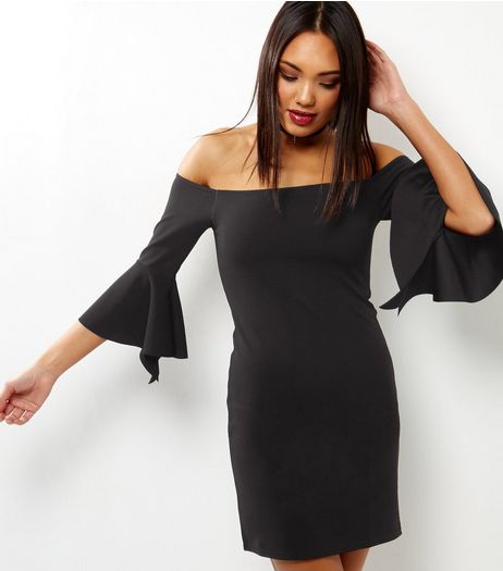 Loving This Black Bardot Neck Bell Sleeve Dress | New Look