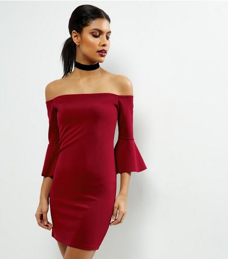 Loving This Burgundy Bell Sleeve Bardot Neck Dress | New Look
