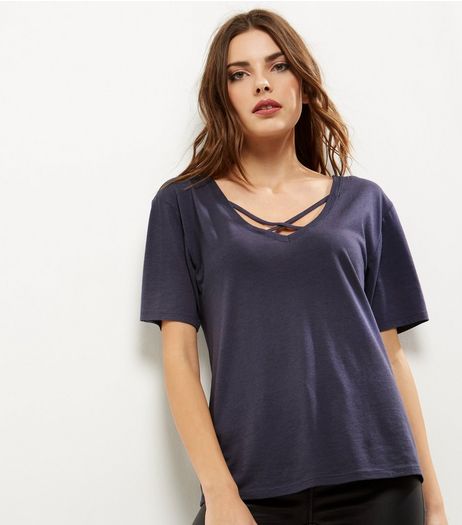 Dark Grey Cross Front V Neck T-Shirt | New Look