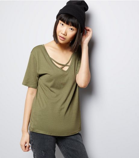 Olive Green Cross Strap Front T-Shirt | New Look