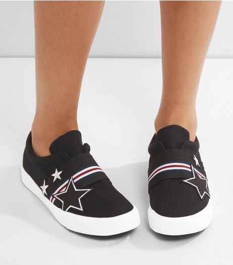 Black Embroidered Star Slip On Plimsolls | New Look