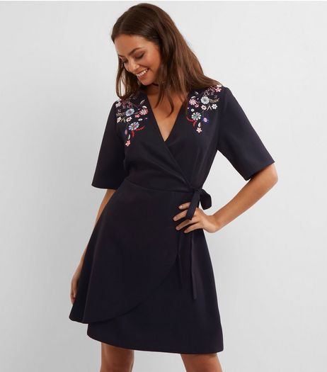 Tall Black Floral Embroidered Wrap Front Dress | New Look