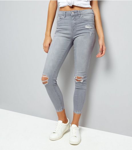 Grey Ripped Fray Hem Skinny Jenna Jeans | New Look