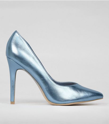 Wide Fit Blue Metallic Pointed Court Shoes | New Look