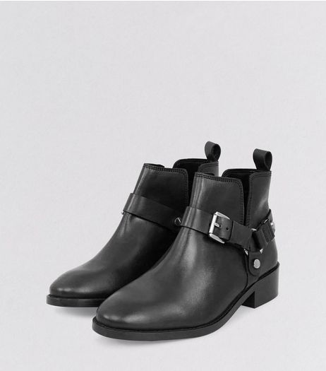 Black Leather Buckle Cut Out Ankle Boots | New Look